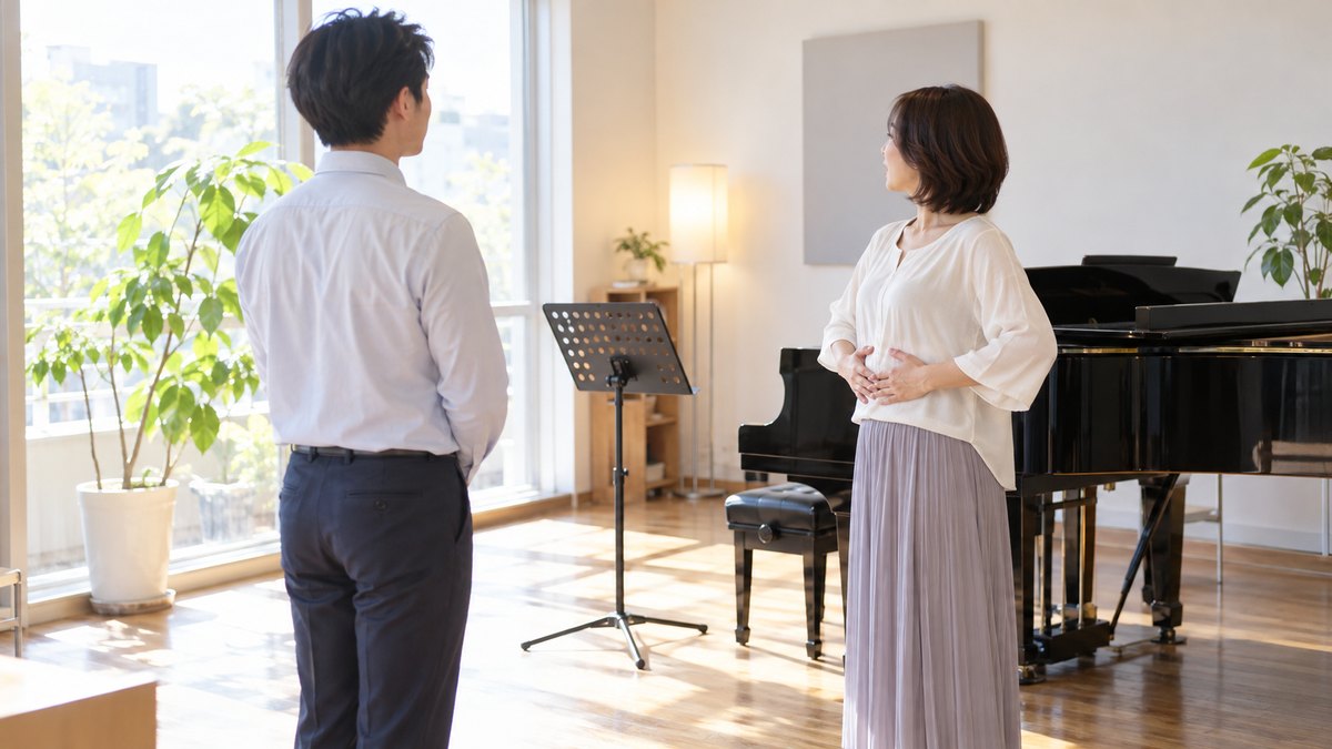 午後、明るいボイトレ教室のレッスン室で、30代の男性会社員がピアノのそばに立つ40代の女性講師と向き合い、講師が自分のおなかに手を当てて息の使い方を見せている遠景。顔ははっきり写らない。楽譜や掲示物の文字は見えない