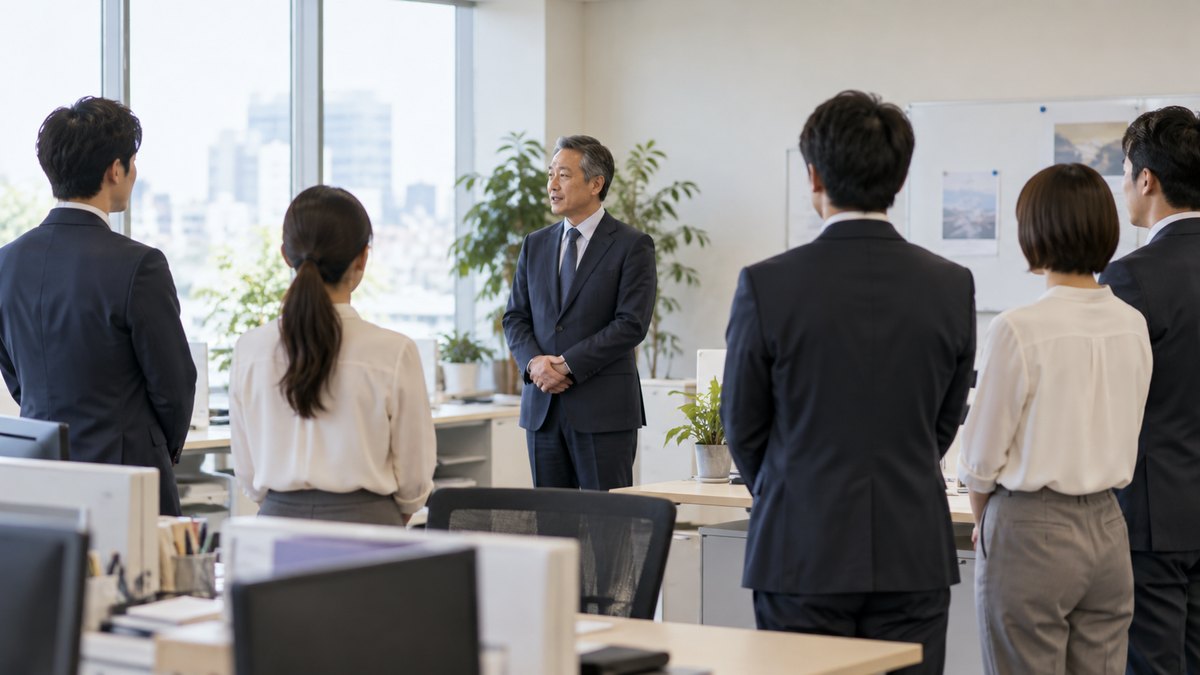 朝、オフィスの朝礼で、50代の男性会社員が5人ほどの同僚の前に立ち、両手を軽く前で組んで落ち着いた表情で短く話している遠景。顔ははっきり写らない。壁の掲示物の文字は見えない