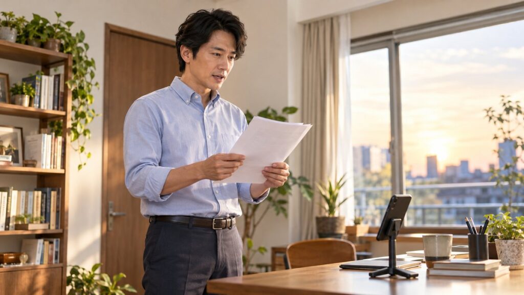 自宅の書斎で会議の資料を手に、スマホで録音しながら読み上げの練習をする男性会社員
