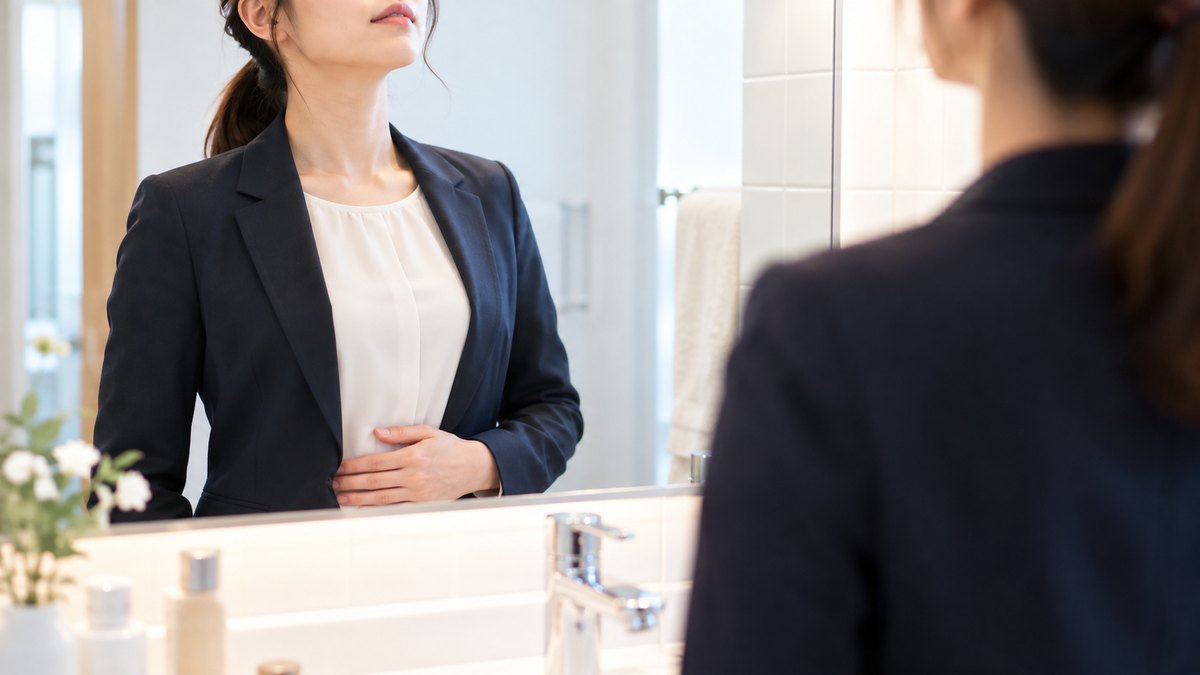 朝、自宅の洗面所の鏡の前で、出勤前の身支度の途中の30代の女性会社員が、背すじを伸ばして片手をおなかに当て、ゆっくり息を吐いている近景。白いタイルと明るい照明。顔ははっきり写らない。文字は無い