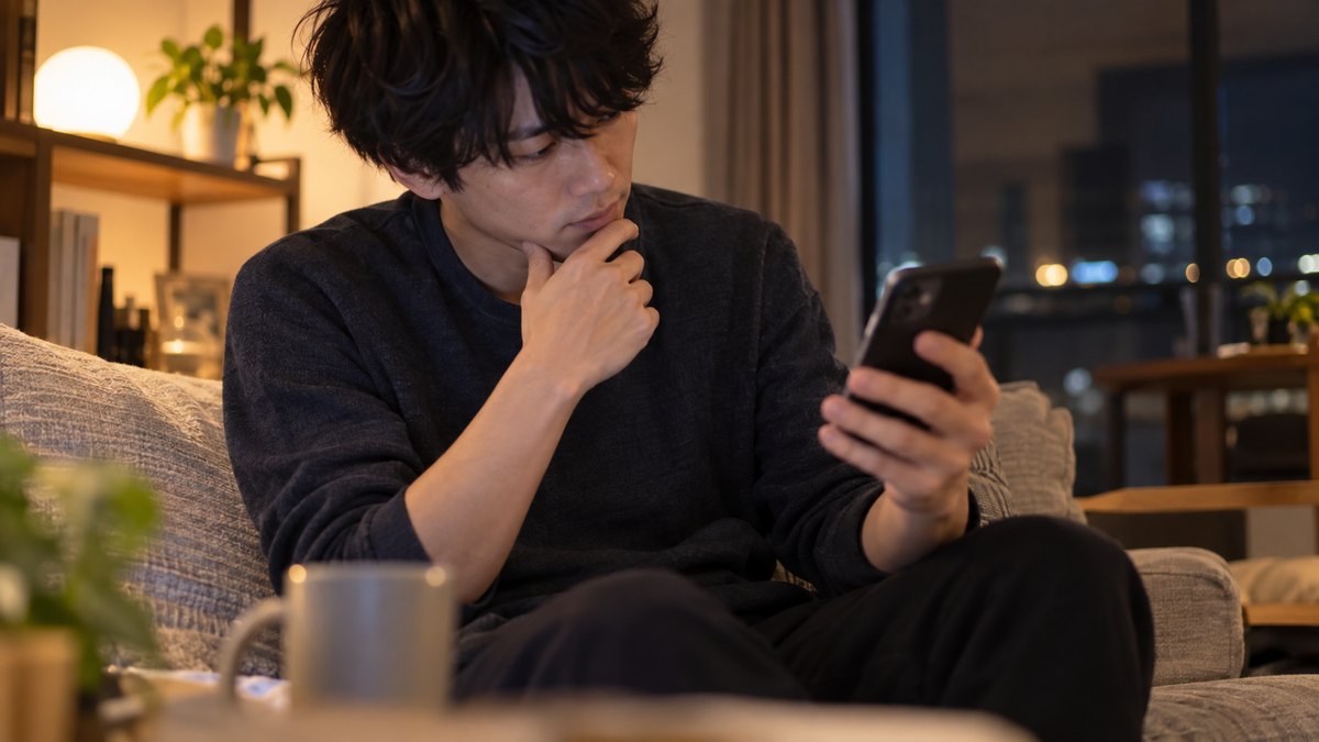 夜、ワンルームの部屋のソファに座った20代後半の男性会社員が、スマホを手にボイトレのやり方を調べながら、少し首をかしげて考えている近景。スマホの画面はぼけていて見えない。顔ははっきり写らない。文字は無い
