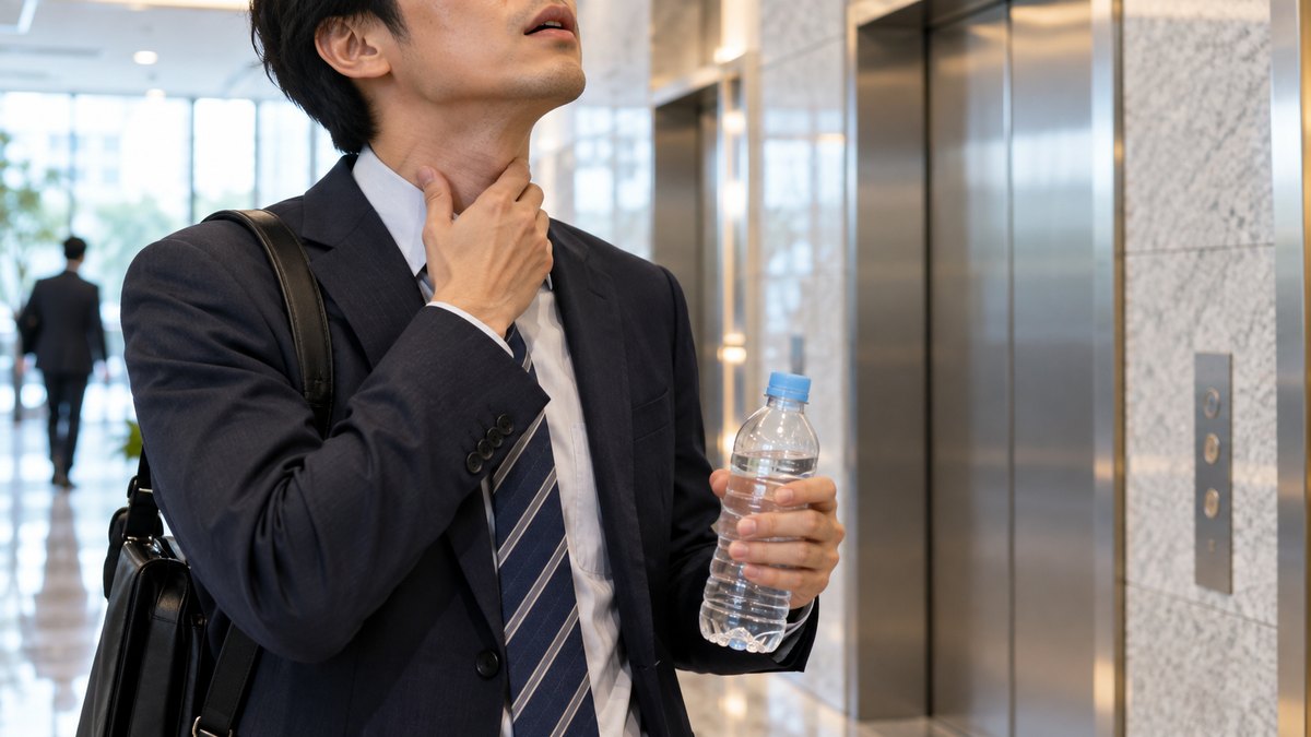 朝、オフィスビルのエレベーターホールで、出社したばかりの30代の男性会社員が、のどに片手を当て、もう片方の手に水のペットボトルを持って、少し疲れた表情でエレベーターを待っている近景。ボトルのラベルの文字は見えない。顔ははっきり写らない。文字は無い