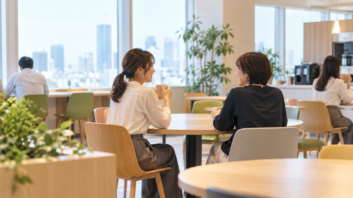 昼休み、会社の休憩室のテーブルで、30代の女性会社員が同僚の40代の女性とお茶を飲みながら、笑顔で話している遠景。顔ははっきり写らない。文字は無い