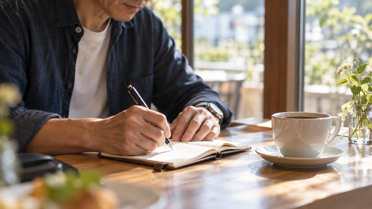 休日の朝、カフェの窓ぎわの席で、40代の男性がコーヒーを横に置き、小さなノートに練習の記録を書き込んでいる近景。ノートの文字は読めない。顔ははっきり写らない。文字は無い