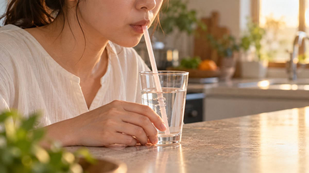 夕方、自宅のキッチンのカウンターで、30代の女性が水の入ったコップに挿したストローを軽くくわえ、ゆっくり息を吐く練習をしている近景。顔ははっきり写らない。文字は無い