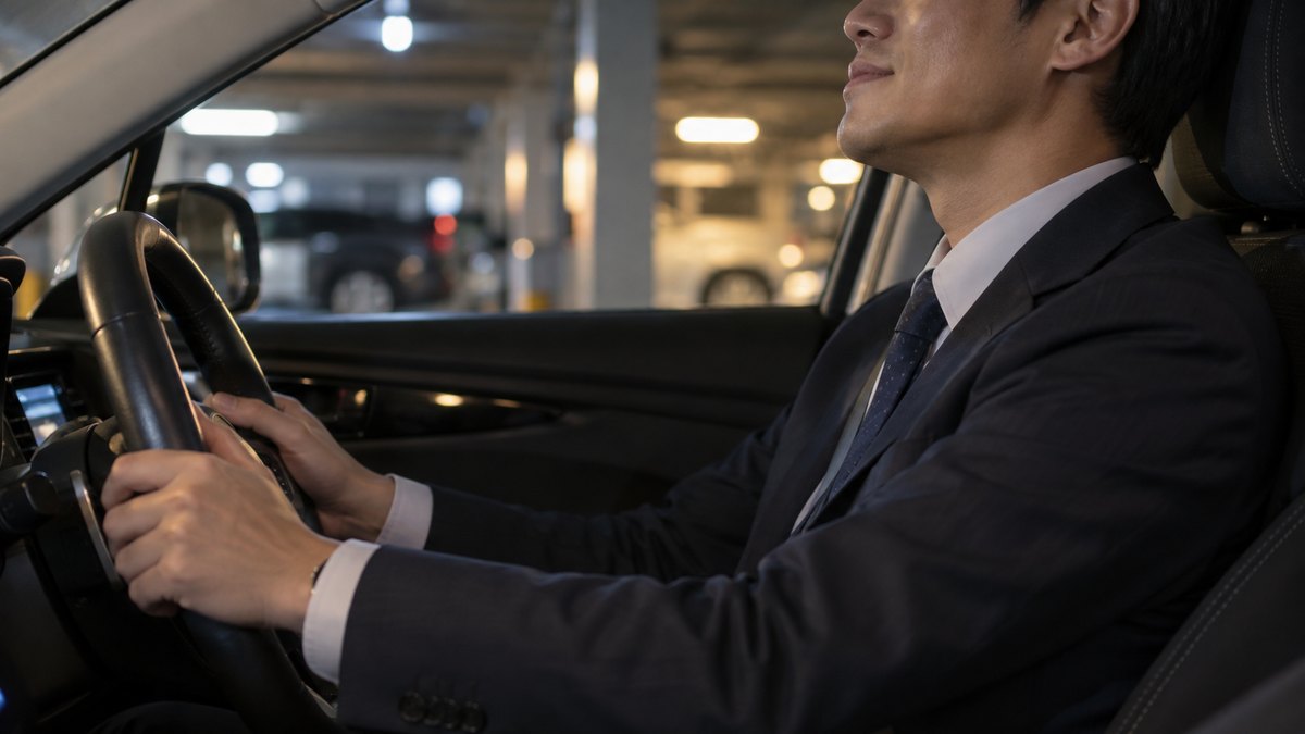 夜、立体駐車場に停めた車の運転席で、40代の男性会社員がエンジンを止めてハンドルに手を置き、口を閉じてハミングしている近景。顔ははっきり写らない。文字は無い