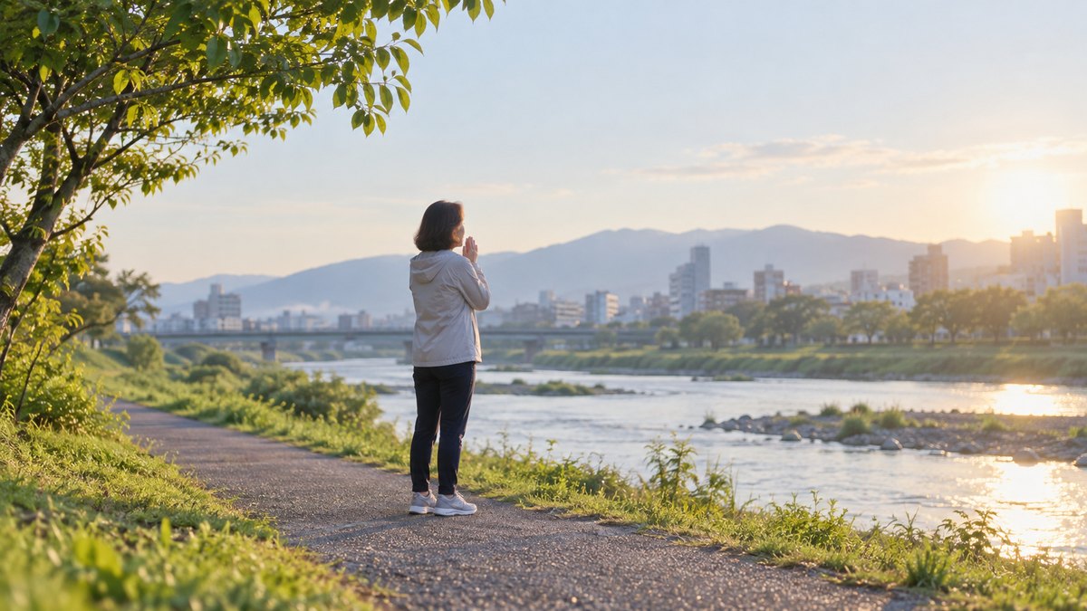 早朝、川沿いの遊歩道で、ウォーキングの途中に立ち止まった50代の女性が、唇を軽く閉じて息を送り、唇を震わせる練習をしている遠景。顔ははっきり写らない。文字は無い