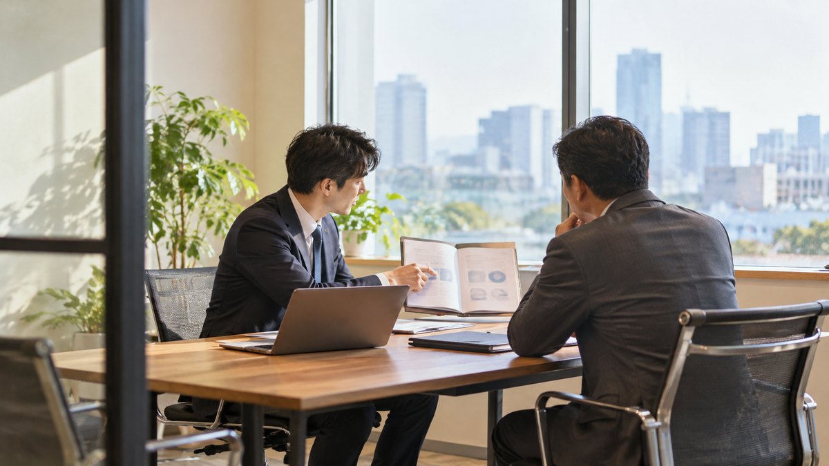 昼、会社の小さな打ち合わせ室で、30代の男性会社員が向かいに座る40代の男性の取引先に資料を見せながら、落ち着いた声で説明している遠景。資料の文字は読めない。顔ははっきり写らない。文字は無い