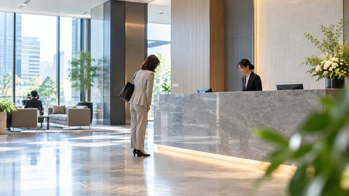 午前、オフィスビルの受付カウンターで、40代の女性会社員が受付の女性に軽く会釈しながら、はっきりした声で名乗っている遠景。看板やロゴの文字は見えない。顔ははっきり写らない。文字は無い