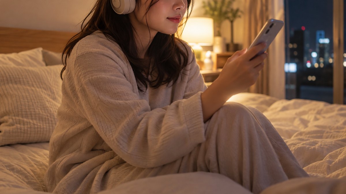 夜、マンションの寝室のベッドに腰かけた20代後半の女性が、ヘッドホンをつけてスマホを見ながら、小さく口ずさんでいる近景。スマホの画面はぼけていて見えない。顔ははっきり写らない。文字は無い