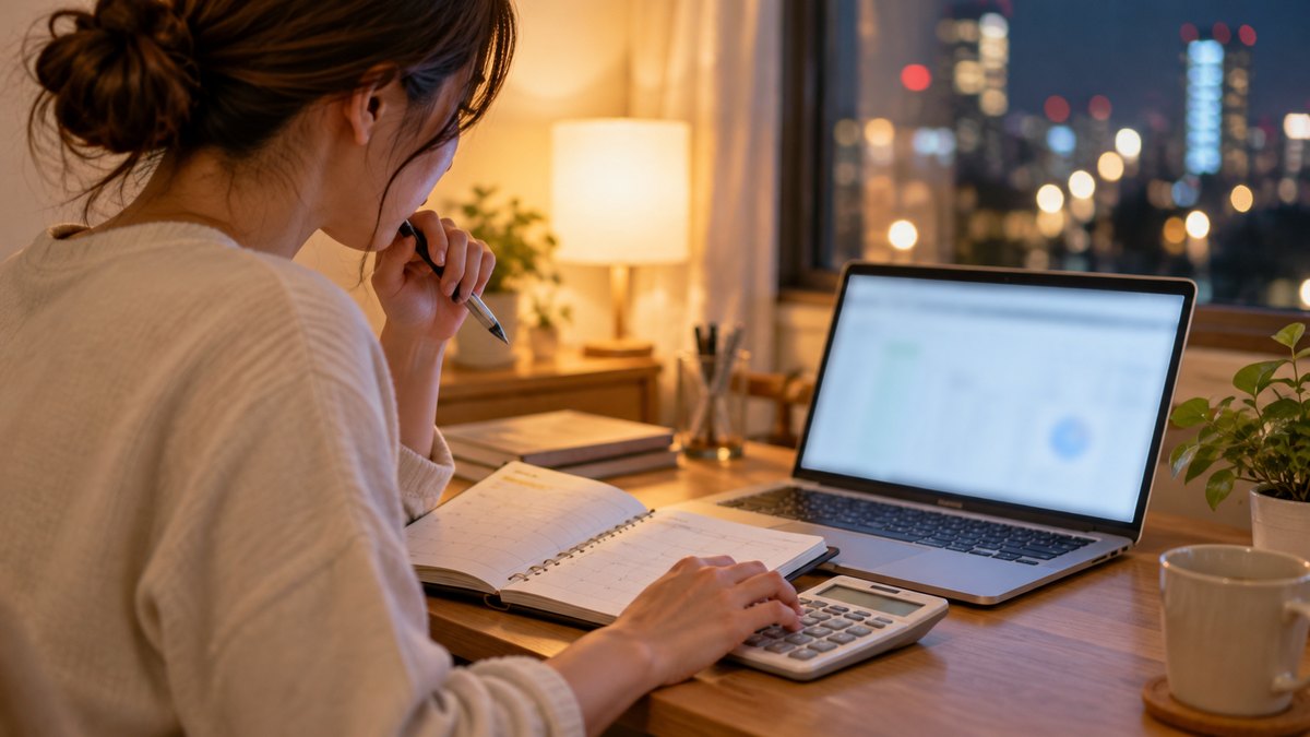 夜、自宅の窓ぎわの小さなデスクで、30代の女性会社員がノートパソコンと電卓を前に、手帳を見比べながら教室の料金を考えている近景。パソコンの画面と手帳の文字は読めない。顔ははっきり写らない。文字は無い