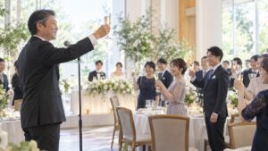 披露宴会場で、礼服の男性がマイクの前でシャンパングラスを掲げ、立ち上がったゲストたちが笑顔でグラスを手にしている