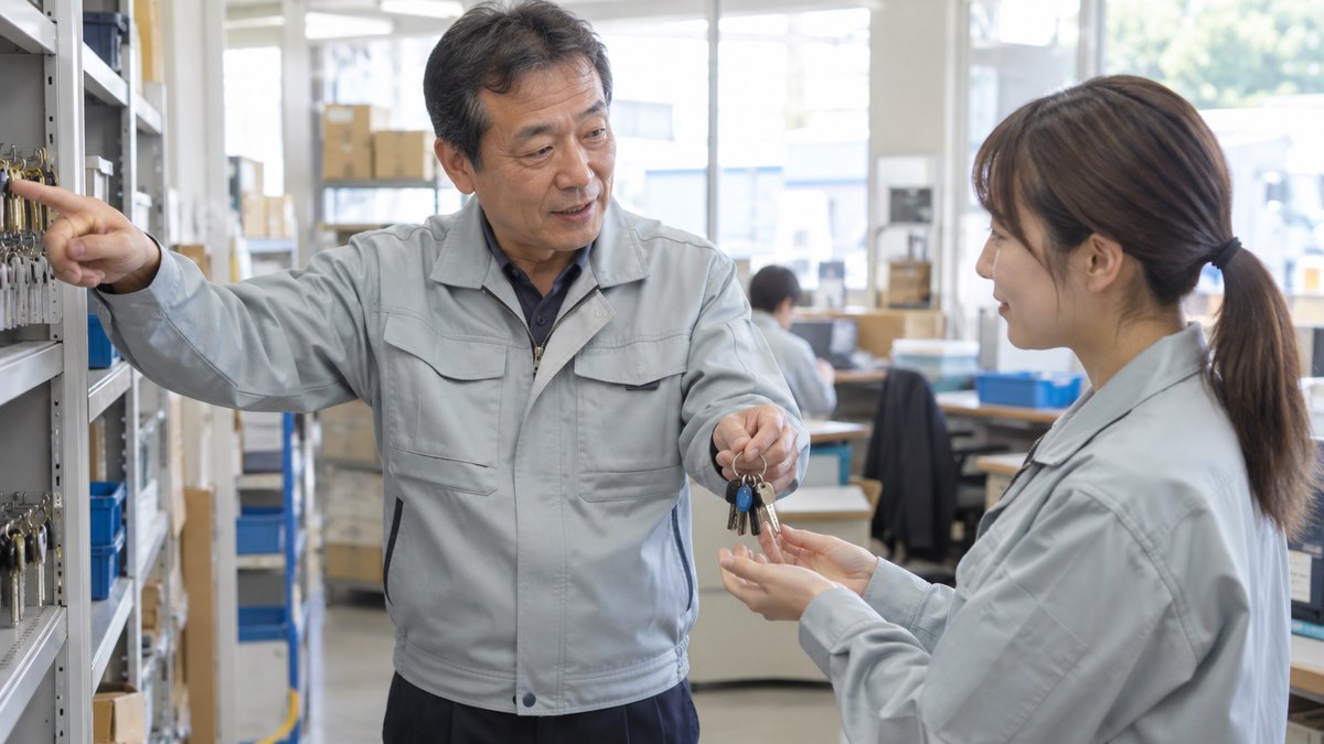 朝、配送センターの事務所で、作業着姿の50代の男性が、新しく来た30代の女性に鍵の束を手渡しながら、棚の場所を指さして教えている