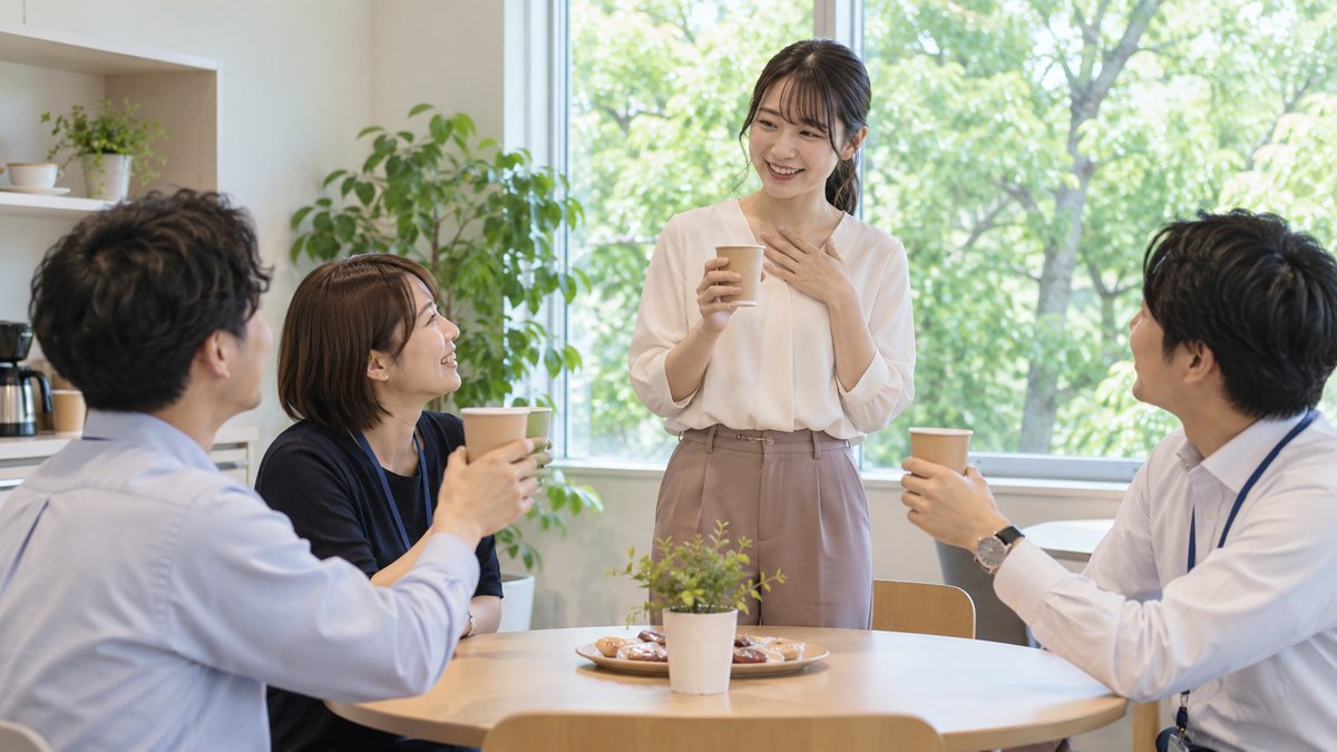 昼、職場の休憩室の丸テーブルで、4人の同僚が紙コップの飲み物を持ち上げ、20代の女性が少し照れながら立って一言話している。窓の外は木々の緑だけで、ビルや夕焼けは写らない