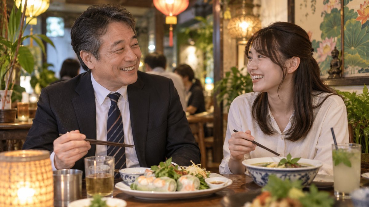 夜、ベトナム料理店のテーブルで、異動する50代の男性と新しく来た20代の女性が並んで座り、生春巻きの皿を前に笑いながら話している