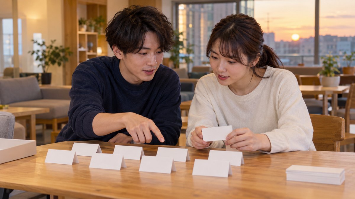 夕方、社員寮の共用ラウンジで、20代の男女の幹事2人が木のテーブルに無地の席札を並べながら、顔を寄せて相談している