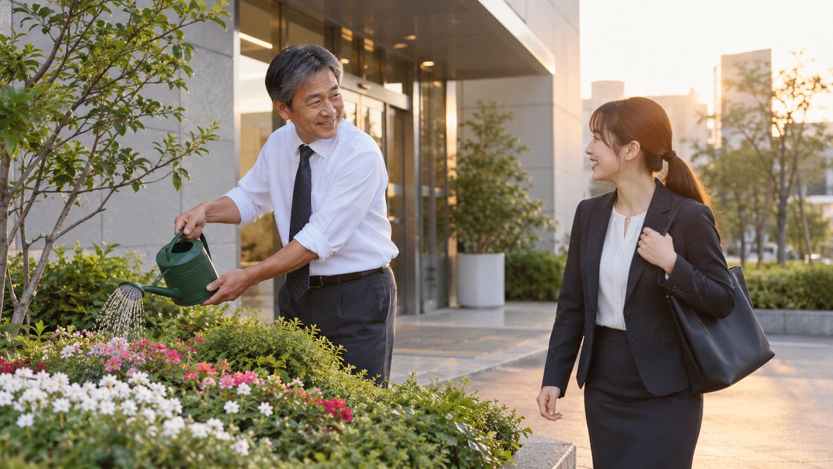 夕方、会社の正面の植え込みの前で、50代の男性課長がじょうろで花壇に水をやりながら、通りかかった新人の女性社員に笑顔で声をかけている