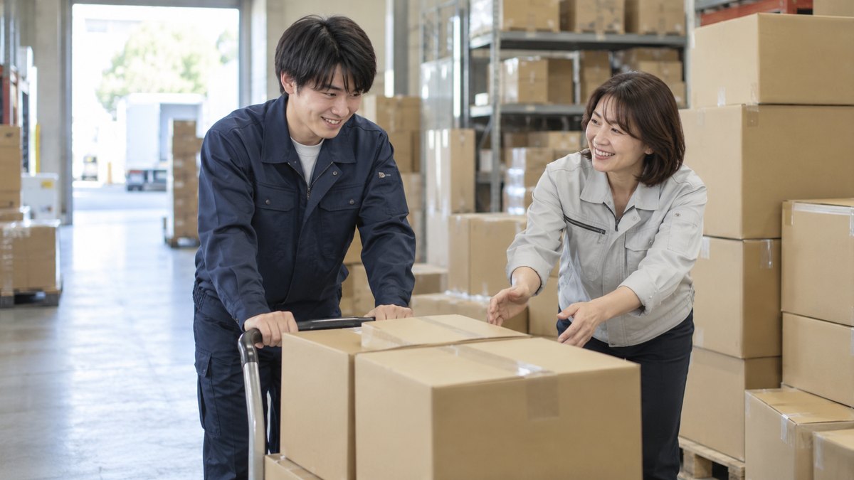 昼、会社の倉庫の通路で、段ボールの山の前で20代の男性が台車を押しながら照れ笑いし、先輩の40代の女性が笑いながら手伝おうとしている