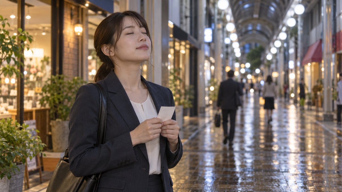 雨上がりの夜、商店街のアーケードの下で、スーツ姿の30代の女性が小さな紙を手に持ち、目を閉じてゆっくり息を吐いている