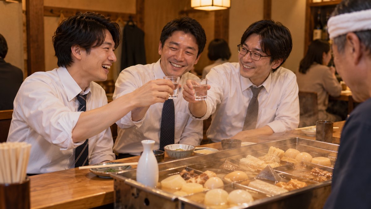 夜、商店街の小さなおでん屋の木のカウンターで、ワイシャツ姿の同僚3人が湯気の立つおでん鍋を前に、そろって小さなグラスを持ち上げている。窓は無く、品書きの文字は写らない