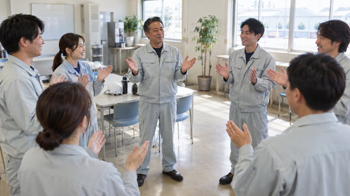 昼、工場の休憩所で、作業着の社員たちが立ったまま輪になり、胸の前で両手を開いて手締めの合図を待っている