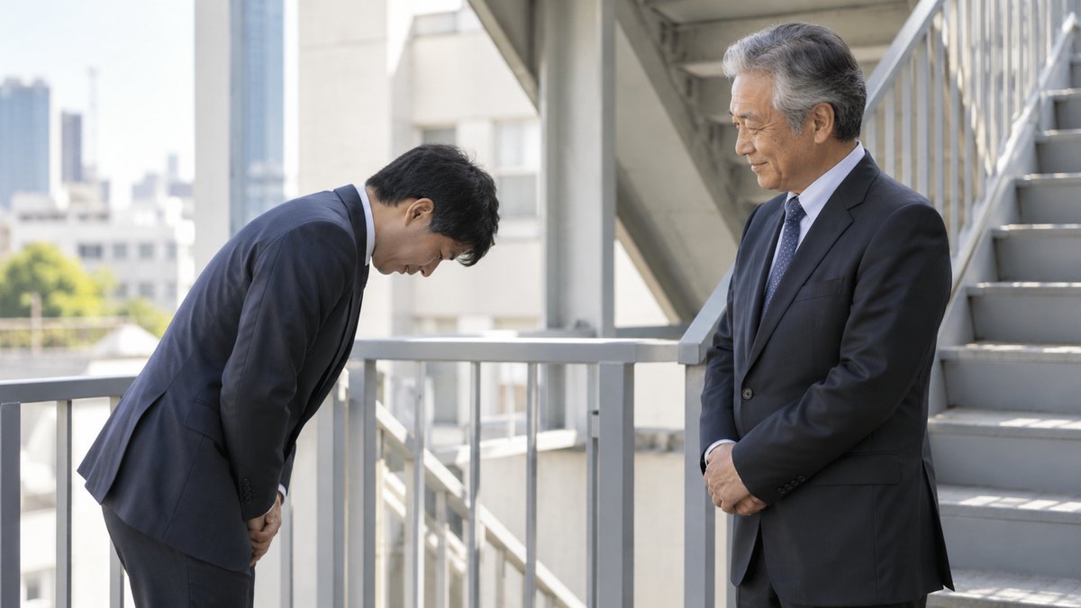 昼、会社の非常階段の手すりのそばで、30代の幹事の男性が60代の男性役員に頭を下げてお願いし、役員が穏やかにうなずいている