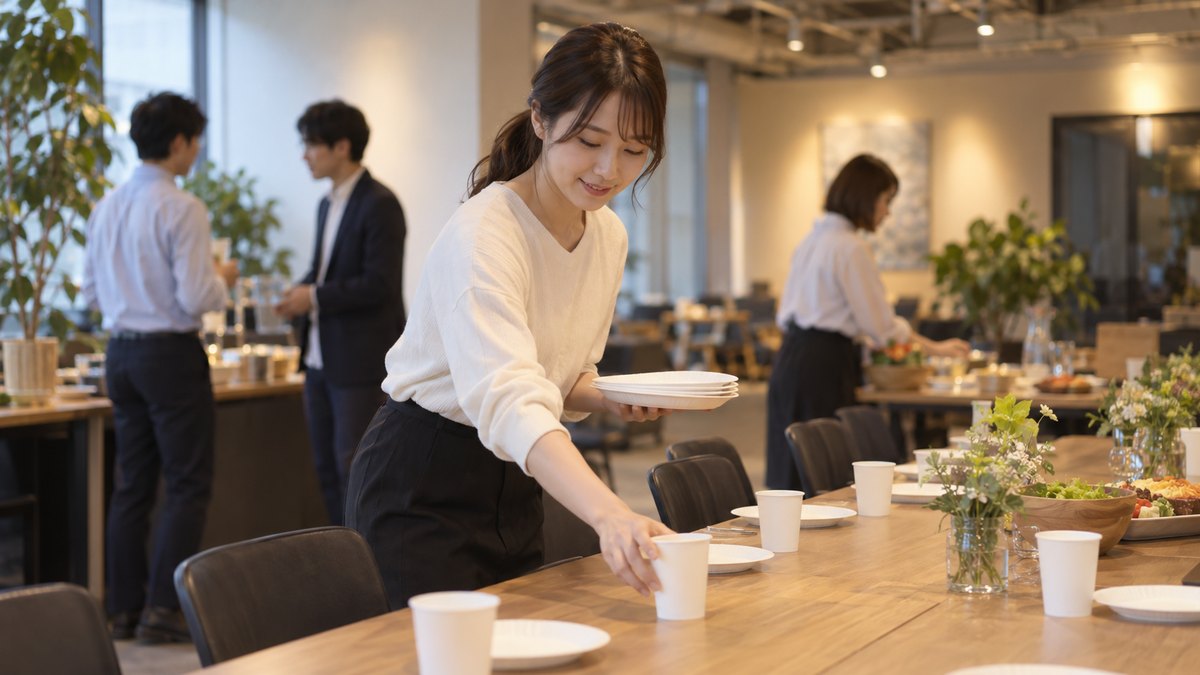夕方、ビルの地下の多目的スペースで、幹事の20代の女性が長テーブルに紙コップと取り皿を並べ、会の準備をしている