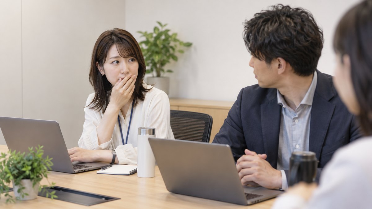 昼、窓の無い会社の小さな会議室で、30代の女性が隣の同僚に話しかけようとして言葉を飲み込み、口元に手を当てている