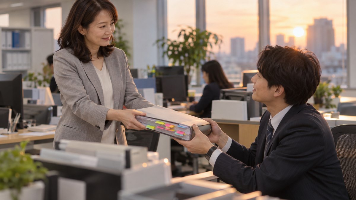 夕方のオフィスの机のそばで、異動する40代の女性が、20代の男性社員に付箋のたくさん貼られた厚いファイルを両手で手渡している。ファイルや付箋の文字は読めない