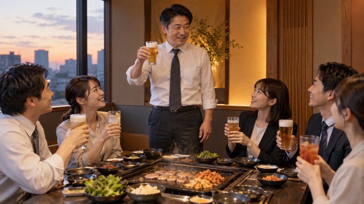夕方、韓国料理店の個室で、鉄板を囲んだ会社の同僚たちがグラスを手に、立ち上がった40代の男性の方を見て乾杯の合図を待っている