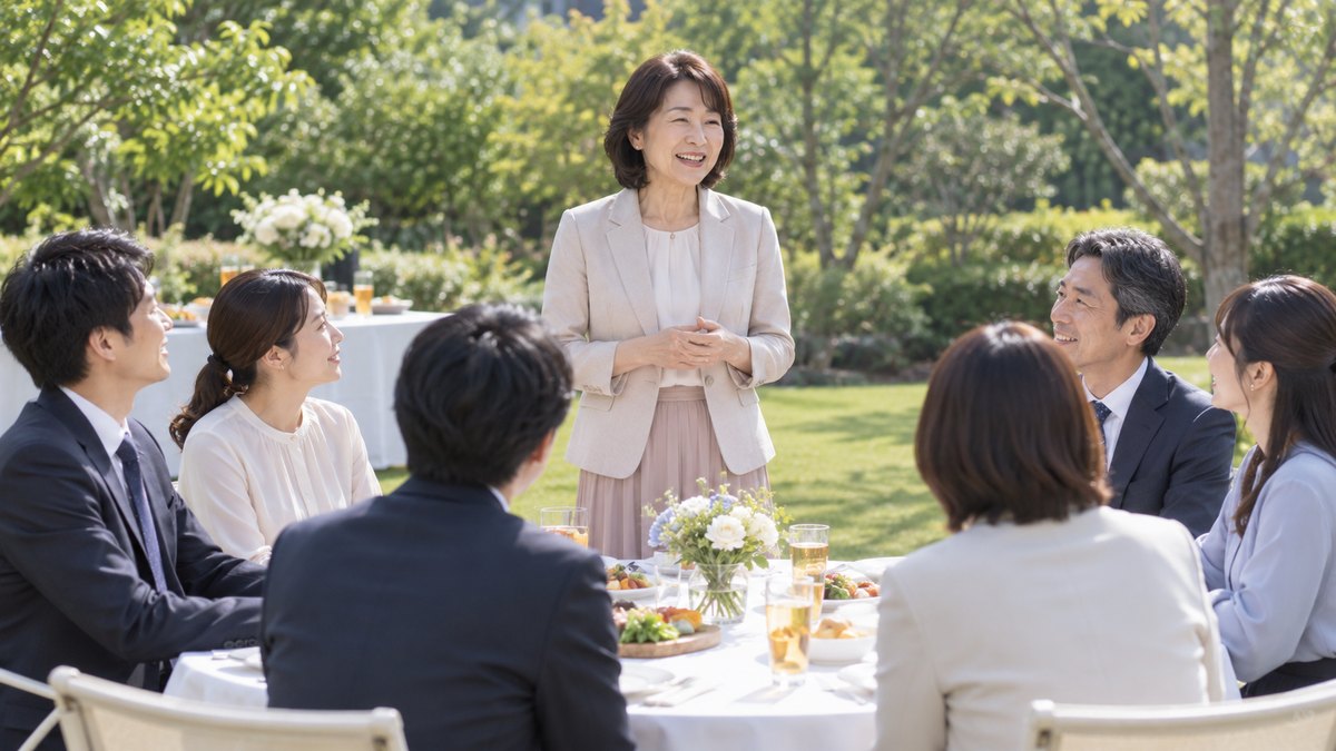 昼、会社の研修所の芝生の庭で開いた歓送迎会のガーデンパーティーで、50代の女性部長が立って話し、白いテーブルを囲んだ同僚たちが手を止めて彼女の方を向いている。ビルは写らない