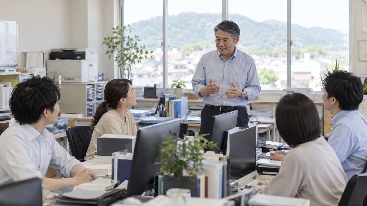 昼、地方の支店の小さな事務所で、50代の男性課長が机の間に立ち、座ったままの部下たちに向かって穏やかに話しかけている