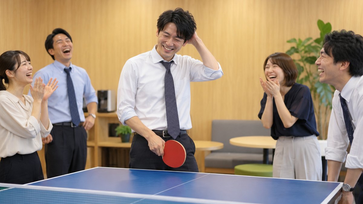 昼、窓の無い社内の休憩室で、卓球台のそばに立つ30代の男性がラケットを手に照れ笑いし、周りの同僚たちが声を上げて笑っている。壁は明るい木目