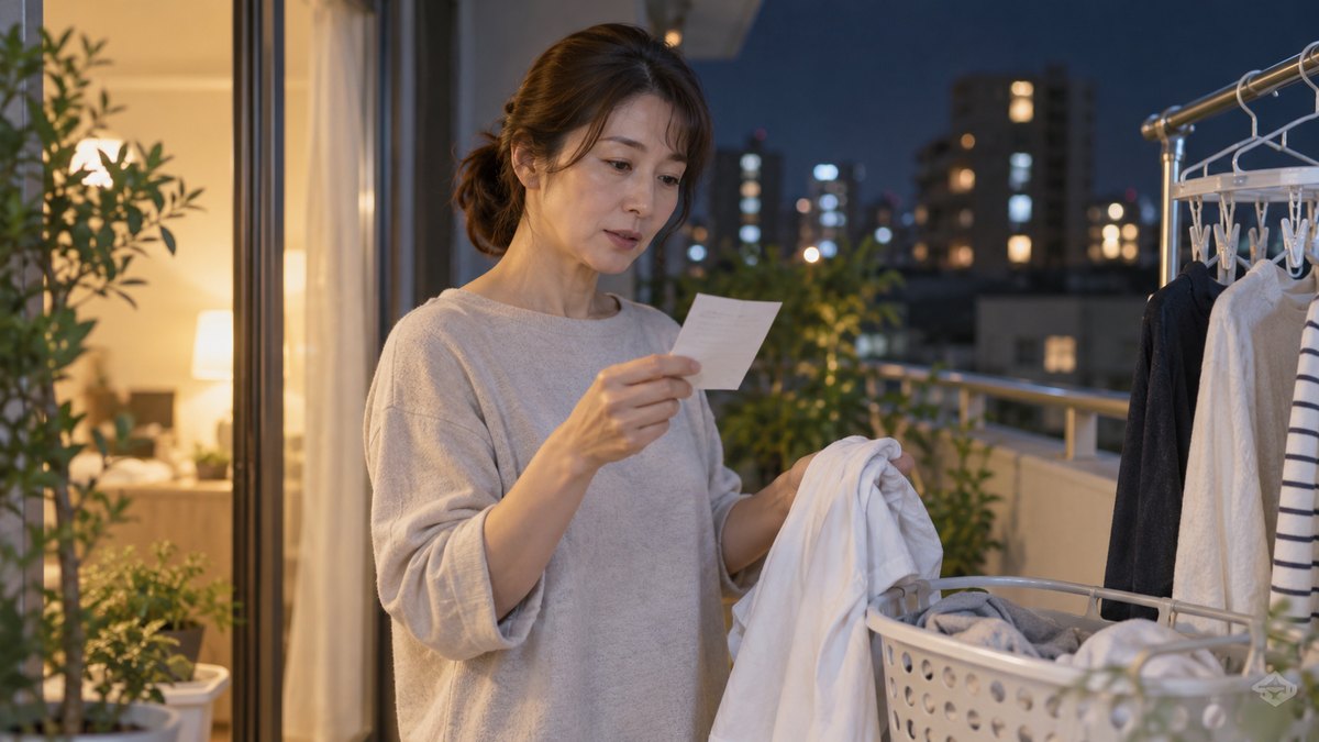 夜、自宅のベランダで、40代の女性が洗濯物を取り込む手を止め、片手に持った小さなメモを見ながら口を小さく動かしている。メモの文字は読めない