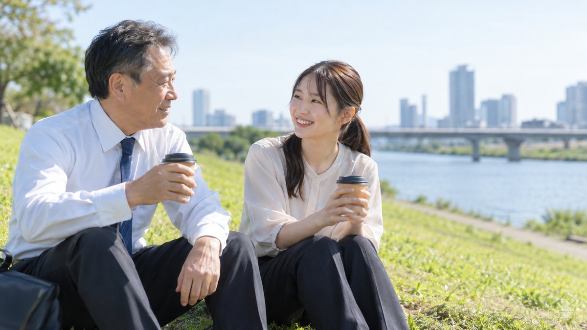 晴れた昼、川沿いの芝生の土手で、50代の男性と20代の女性の同僚が並んで座り、紙カップのコーヒーを手に穏やかに話している