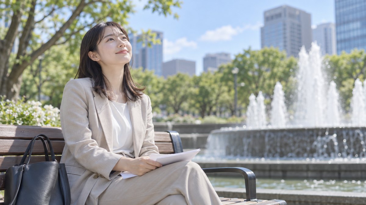 昼、会社の近くの公園の噴水のそばで、20代の女性社員がベンチに座り、手に持った紙を膝に置いて、肩の力を抜いて空を見上げている。紙の文字は読めない
