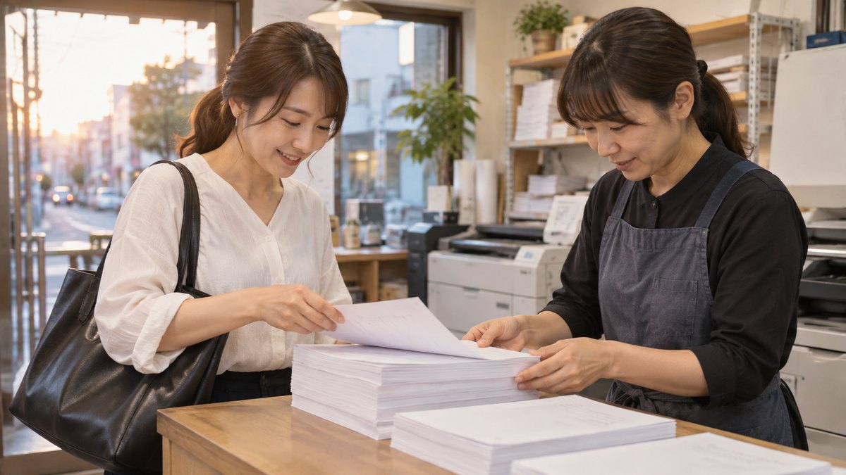 夕方、街の小さな印刷店のカウンターで、30代の女性幹事が刷り上がった白い紙の束を受け取り、店員と一緒に枚数を数えている。紙の文字は読めない