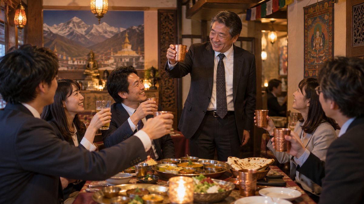夜、ネパール料理店のテーブル席で、会社の同僚たちが銅のカップや大皿のカレーを前に、立ち上がった50代の男性の方を向いてグラスを手に取っている