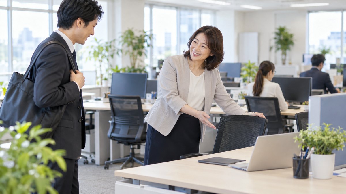 朝、オフィスの机の島の間で、40代の女性社員が新しく来た30代の男性を空いた机に案内し、椅子を引いて笑顔で迎えている