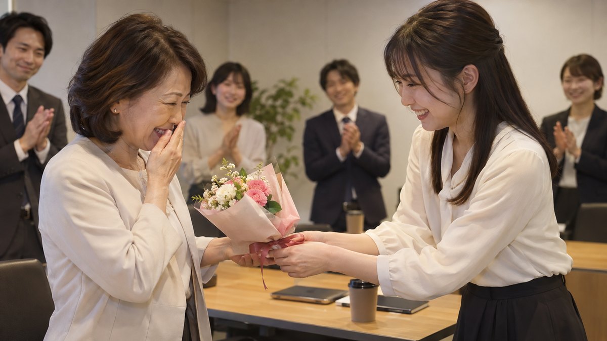 夕方、オフィスの窓のない打ち合わせ室で、送られる50代の女性が、新しく来た20代の女性から小さなブーケを受け取り、二人で照れたように笑っている