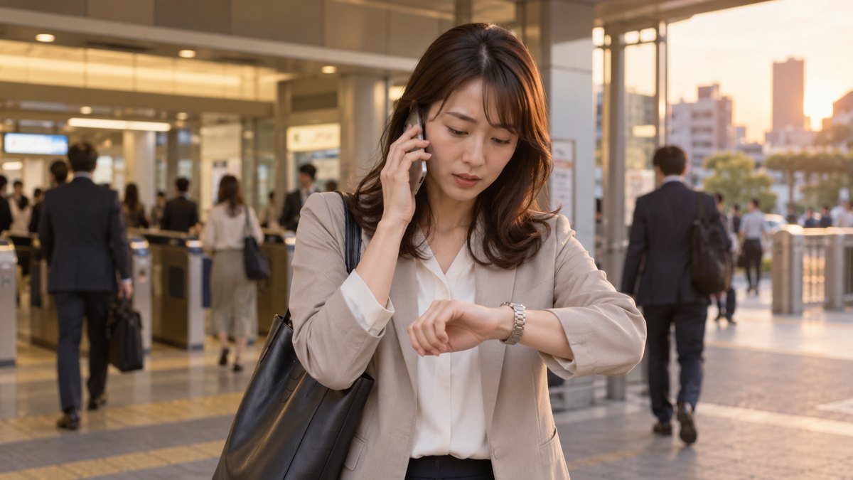 夕方、会社の最寄り駅の改札の外で、30代の女性幹事がスマートフォンを耳に当てながら腕時計を見ている。駅名や案内の文字は写らない