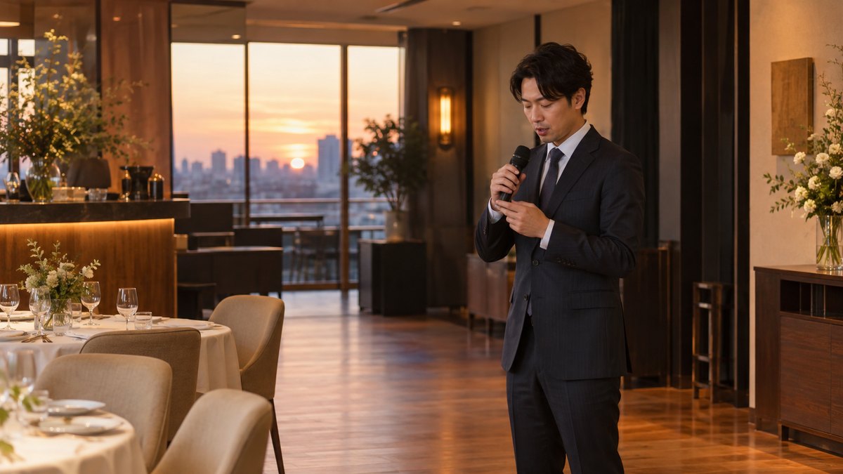 夕方、レストランの貸切スペースの奥で、開場前に30代の男性司会者がワイヤレスマイクを手に持ち、スイッチを確かめながら小さく声を出している。人はほかにいない
