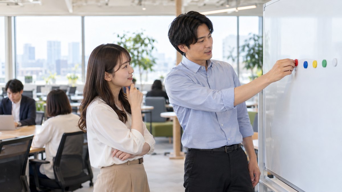 昼、会社のフリーアドレスのオフィスで、30代の男性幹事がホワイトボードに何も書かれていないマグネットを横一列に並べ、20代の女性幹事と時間の割り振りを相談している。ボードに文字は無い
