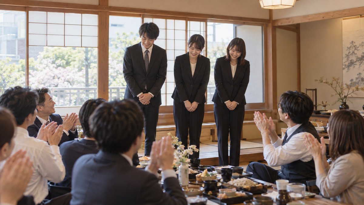 春の昼、会社の近くの蕎麦屋の2階の板の間を貸し切った歓迎会で、新しく入った20代の男女3人が並んで立ち、先輩社員たちの拍手を受けて少し照れた顔で会釈している