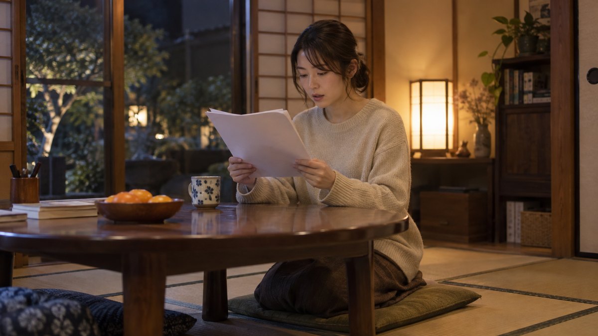 夜、自宅の和室のちゃぶ台で、30代の女性が紙の台本を両手で持ち、正座のまま小さく声を出して読んでいる。台本の文字は読めない