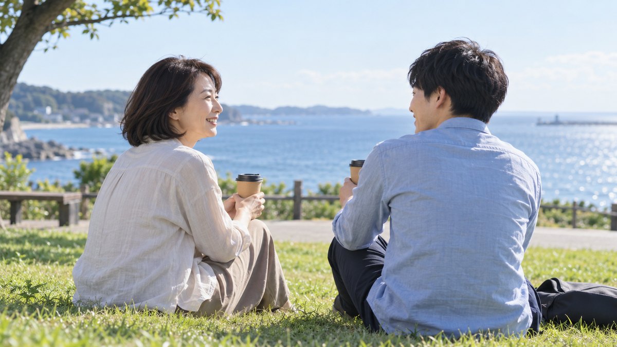 晴れた昼、海の見える公園の芝生で、40代の女性と20代の男性の同僚が並んで座り、紙カップの飲み物を手に、海の方を見ながら穏やかに話している