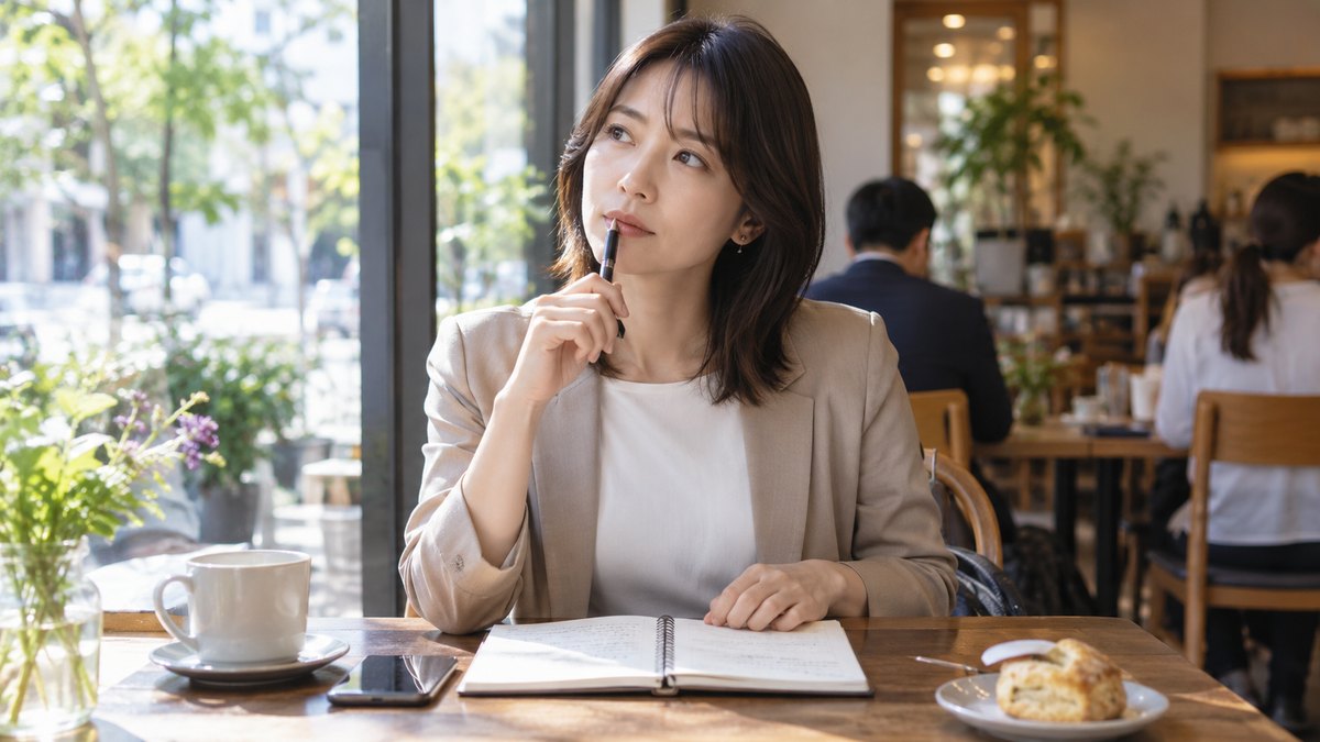 昼、カフェの窓ぎわの席で、30代の女性会社員がノートのページの真ん中に線を1本引いて左右に分け、ペンを口元に当てて考えている。ノートの文字は読めない