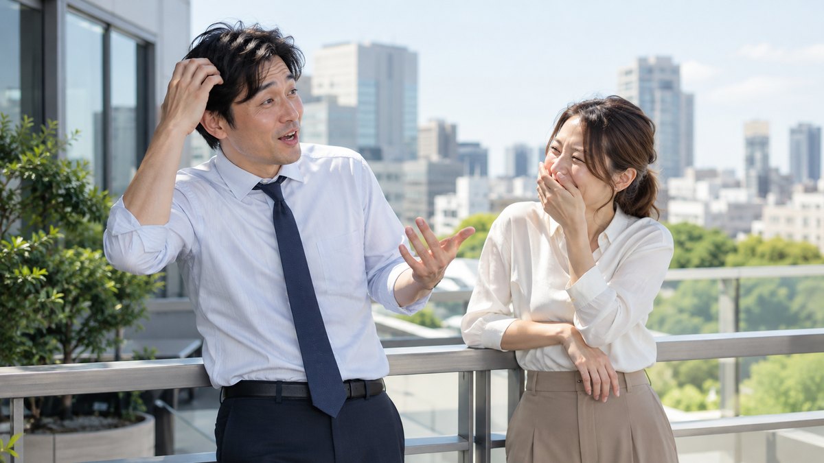 昼、会社のバルコニーで、2人の同僚が手すりにもたれ、30代の男性が身ぶりで自分の失敗談を話し、隣の同僚が吹き出して笑っている
