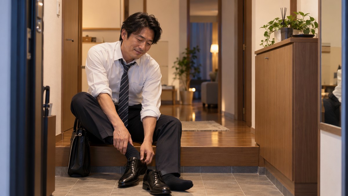 夜、自宅マンションの玄関で、40代の男性が革靴を脱ぎながら、ほっとした表情で小さく息をついている