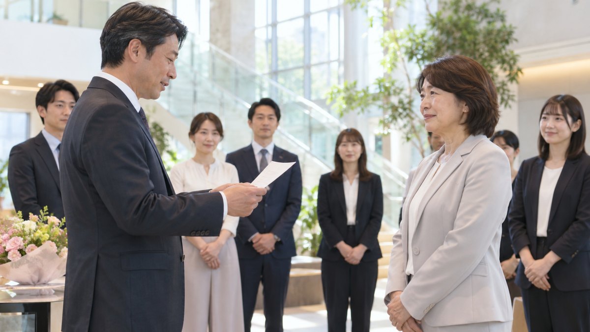 昼、会社の吹き抜けのある明るいホールで、40代の男性が手に持った便箋を読みながら送る言葉を述べ、その前に立つ送られる50代の女性と同僚たちが静かに聞いている。便箋の文字は読めない